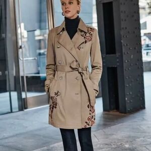 White House Black Market Floral Embroidered Beige Trench Coat